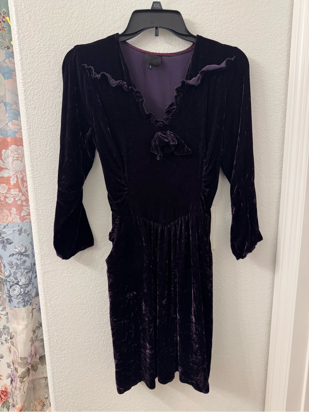 Anna Sui Deep Plum Velvet Ruffle Midi Dress size 6